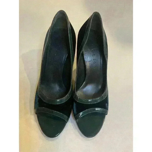 Céline Dark Green Velvet Open Peep-toe High Heels Size 7.5 US 37.5 Italy Pumps - Picture 2 of 11